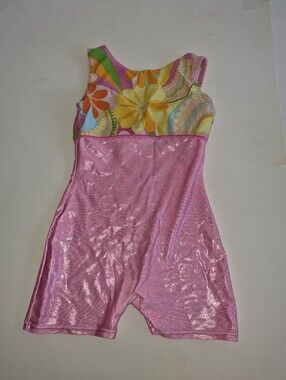 Girls' Pink Shimmer One-Piece Gymnastic  shorts with Floral Print MONDOR 6x-7